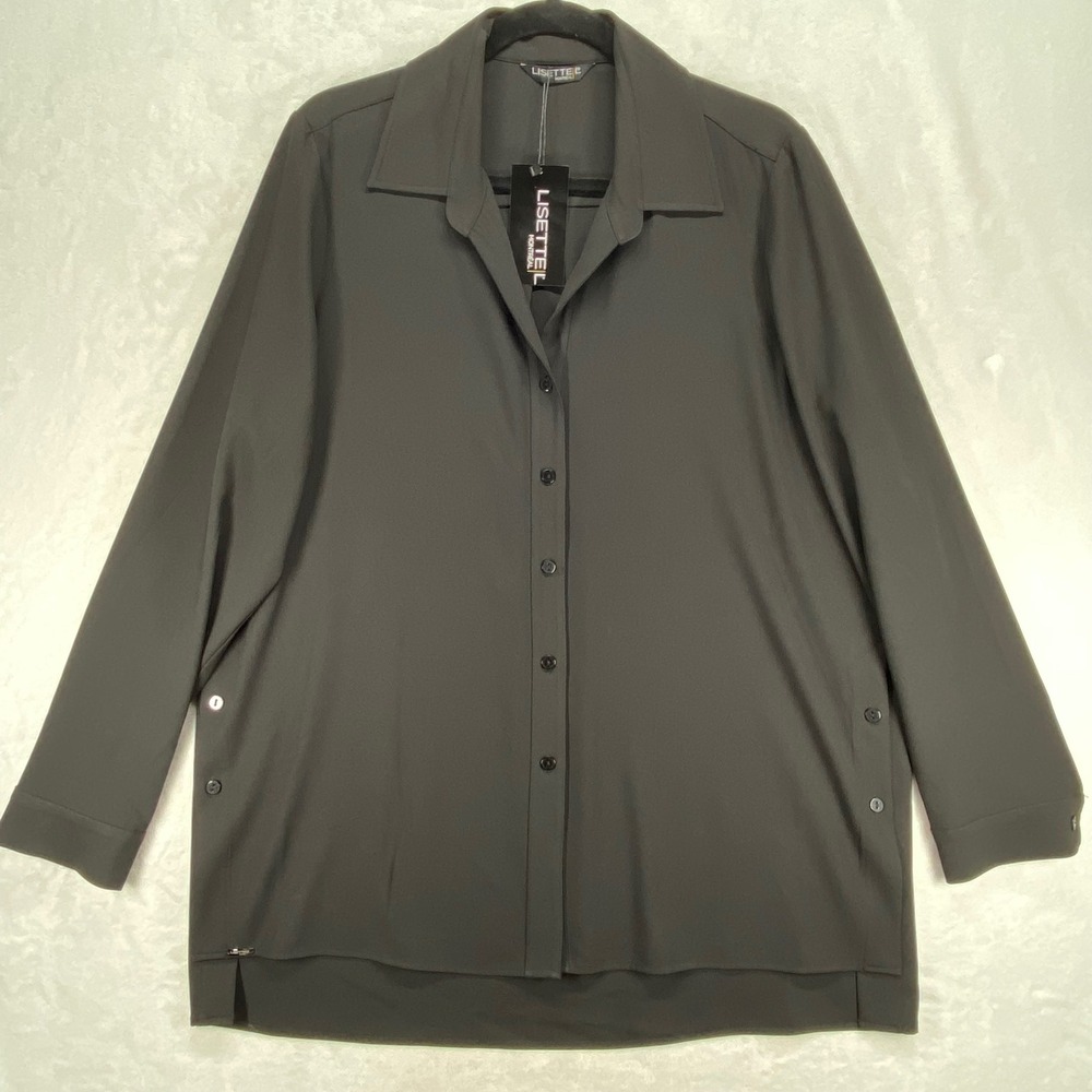 Lisette Montreal Button Down Tunic‎ Blouse Stretch Career Top Black L